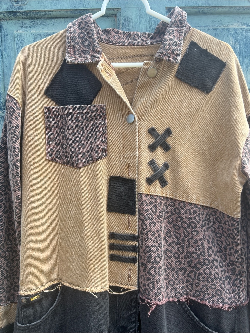 Upcycled zombie apocalypse leopard print tattered patched denim duster jacket - Picture 6 of 13